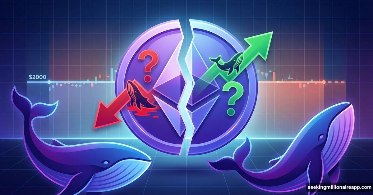 Ethereum coin with whales pulling opposite directions, price stuck sideways