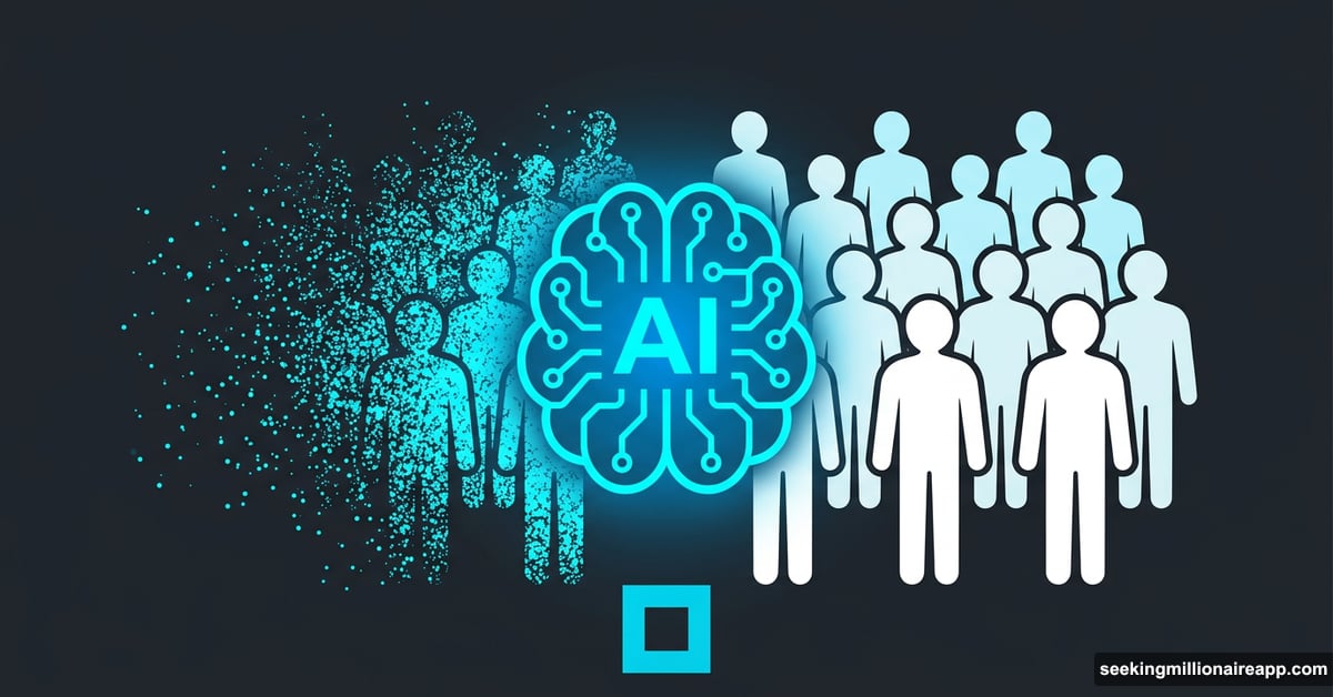 AI brain icon erasing half of Block company's workforce silhouettes