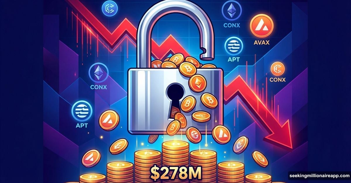 Unlocked padlock releasing cryptocurrency tokens onto declining price chart