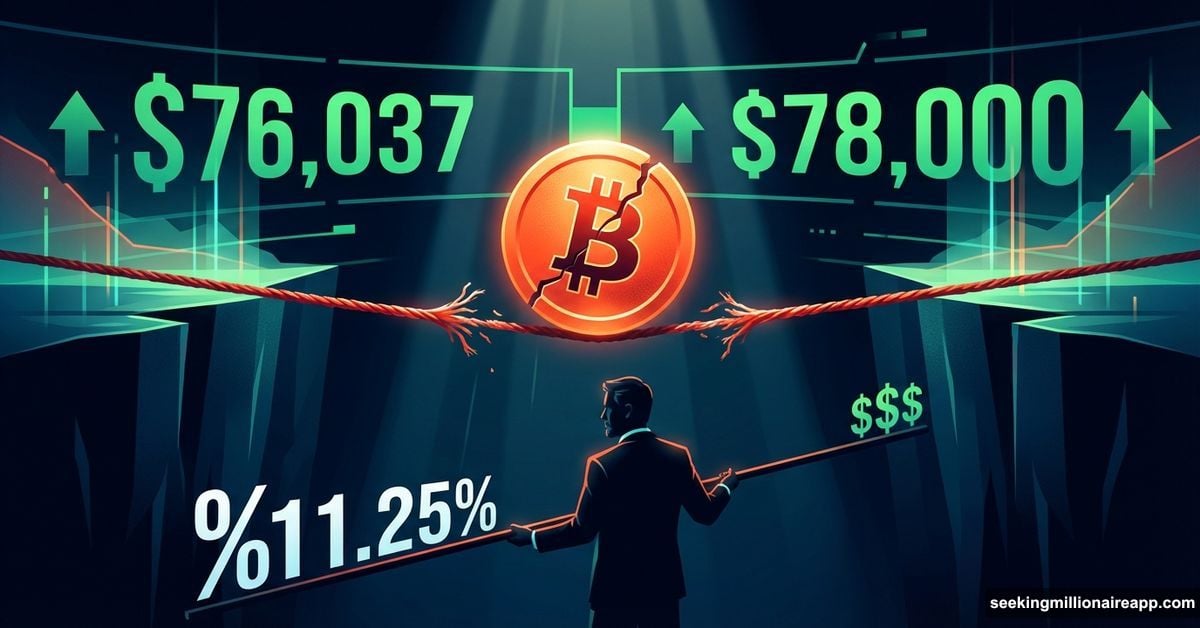 Bitcoin coin balanced on tightrope above chasm with dividend percentage weights