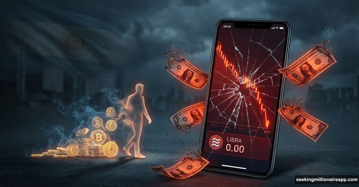 Cracked phone showing crashing LIBRA crypto chart, trader walking away