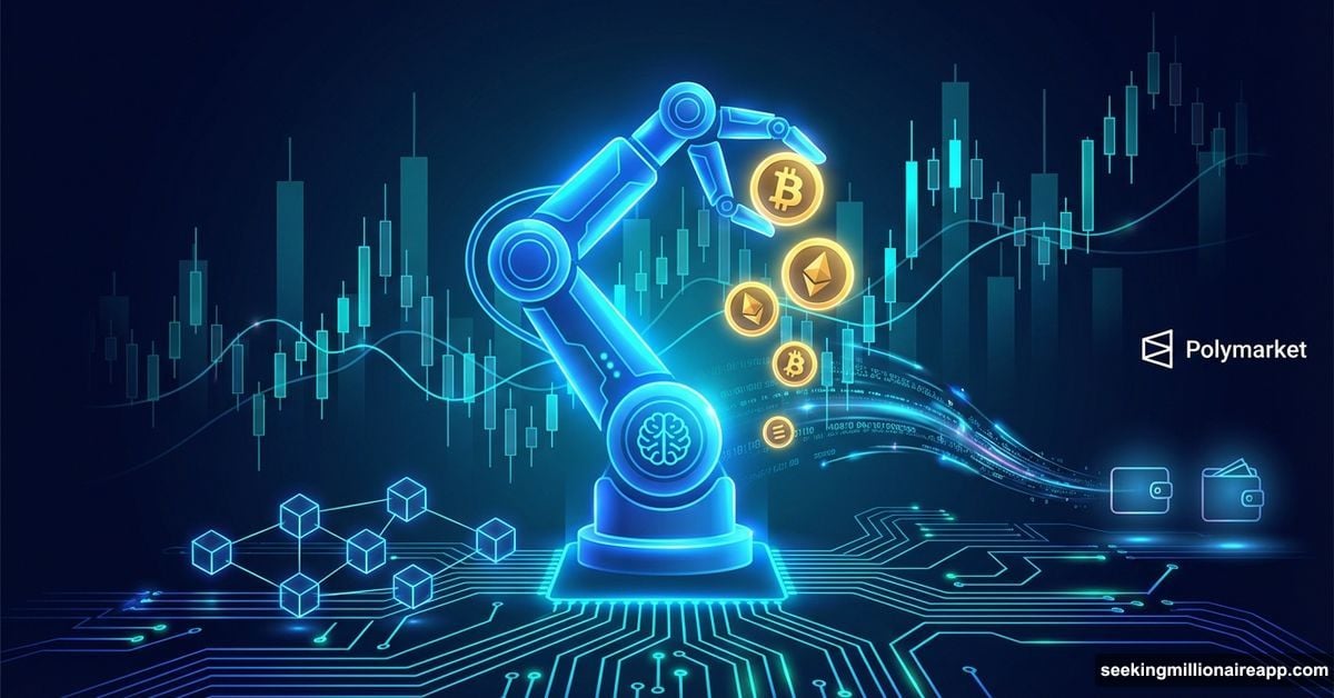 AI robot autonomously trading cryptocurrency on blockchain networks and markets