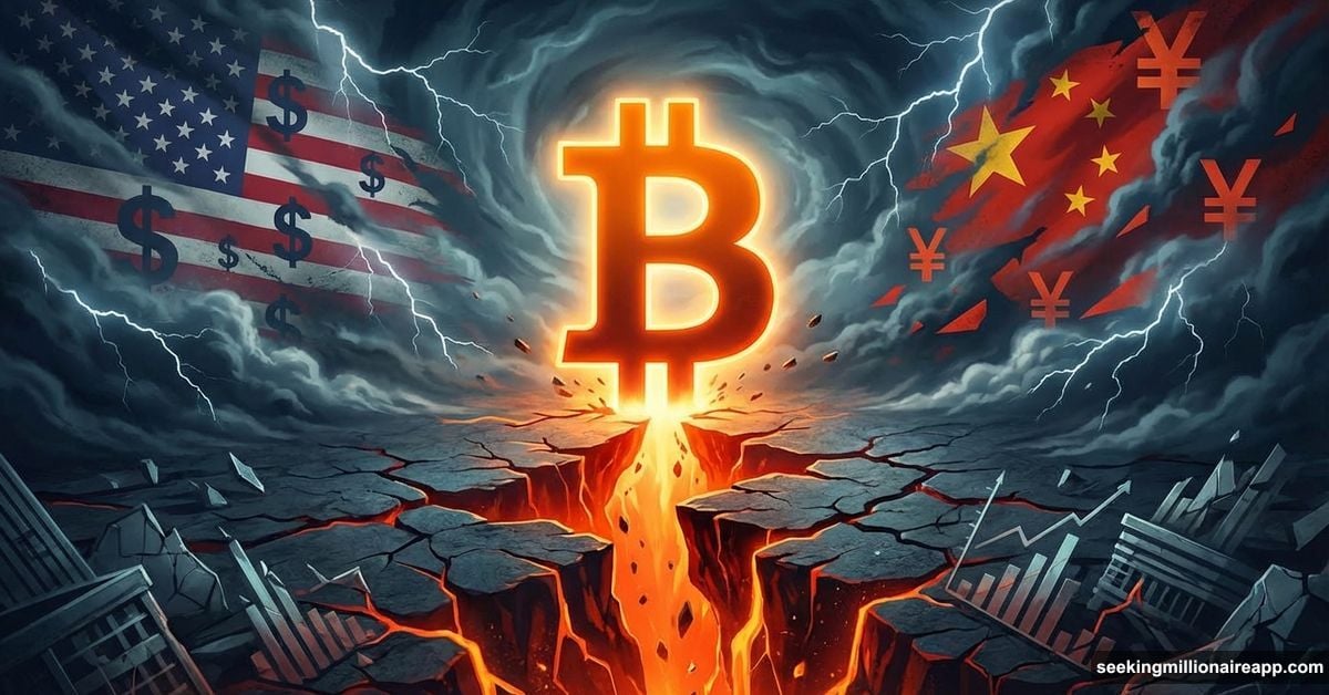 Bitcoin stands on cracking earth between US and China flags
