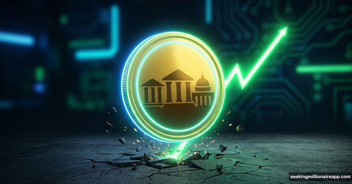 Glowing digital token bouncing upward from a cracked surface with green trendline.