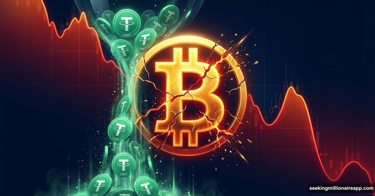 Bitcoin symbol cracking as USDT coins drain away signaling market stress