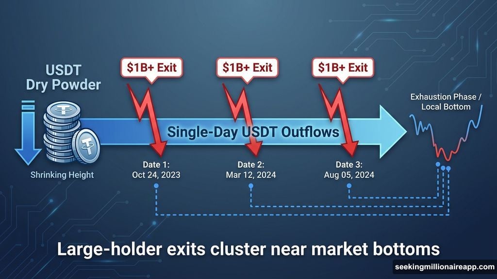Three single-day USDT billion-dollar exits cluster near Bitcoin market bottoms