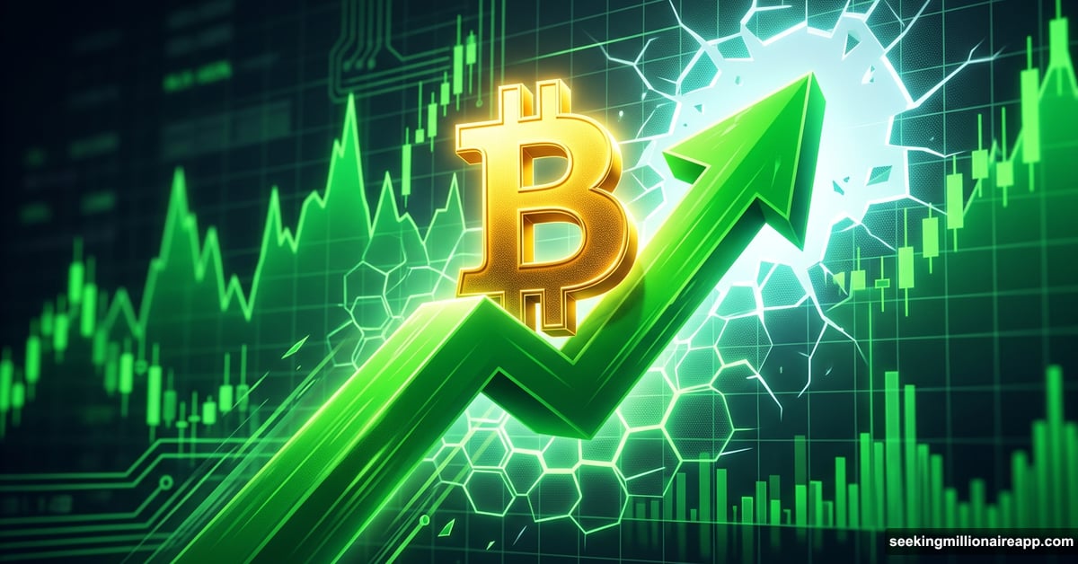 Glowing Bitcoin symbol on a massive green upward trending financial chart.