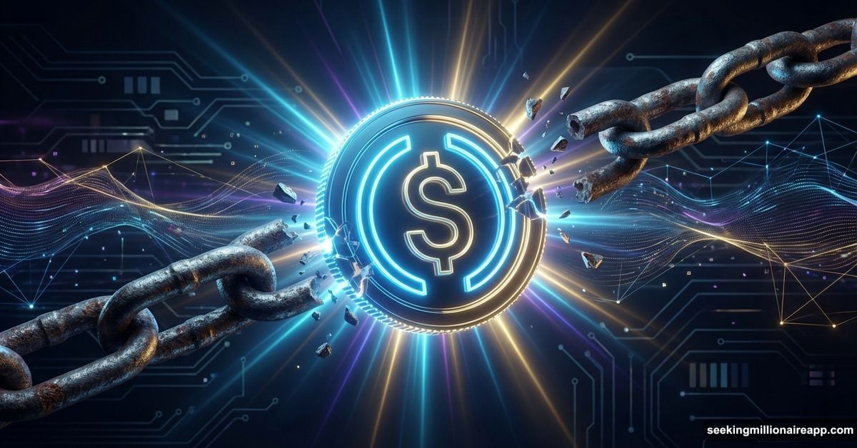Glowing digital stablecoin shattering a rusty chain representing slow traditional payments.