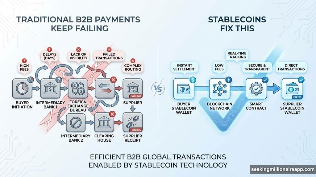 Modern minimalist illustration 1 for: Traditional B2B Payments Keep Failing. Stablecoins Fix This