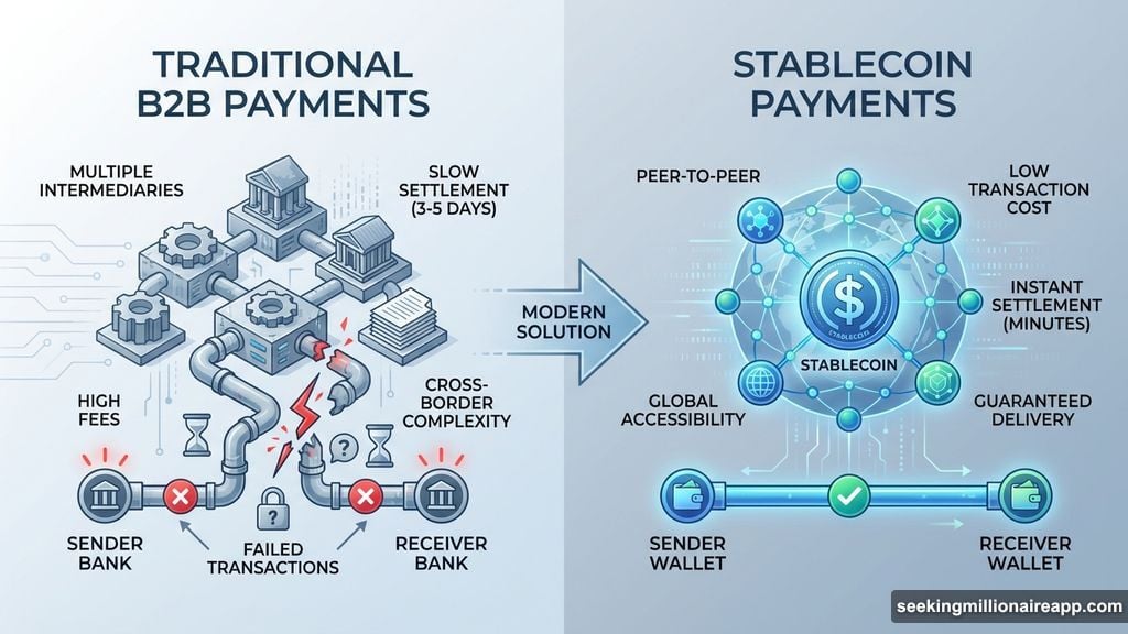 Modern minimalist illustration 2 for: Traditional B2B Payments Keep Failing. Stablecoins Fix This