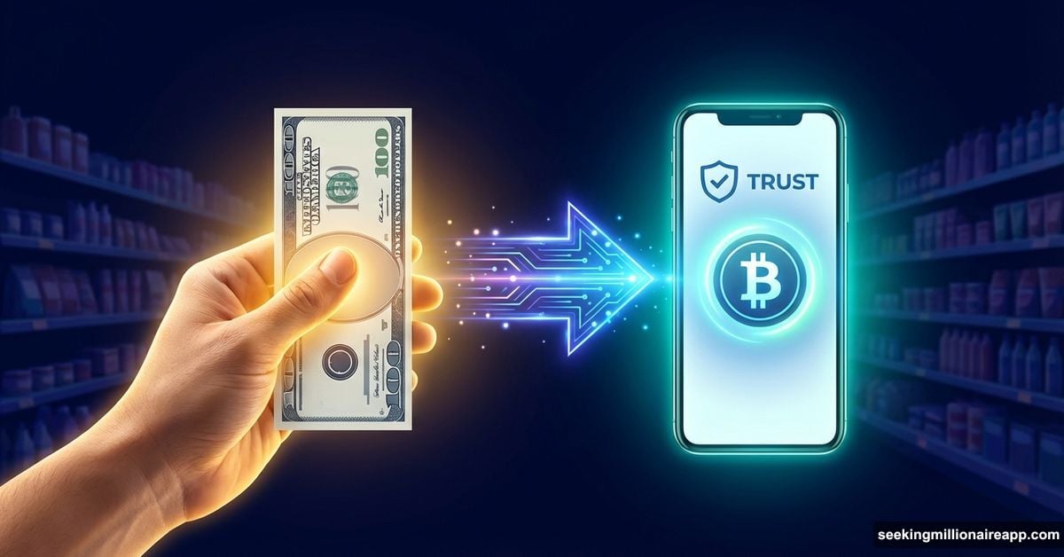 Hand exchanging physical cash for crypto via Trust Wallet app