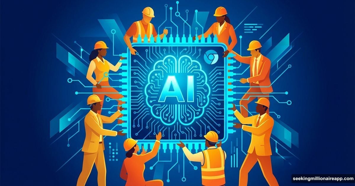 Workers standing together on glowing AI chip symbolizing collective ownership