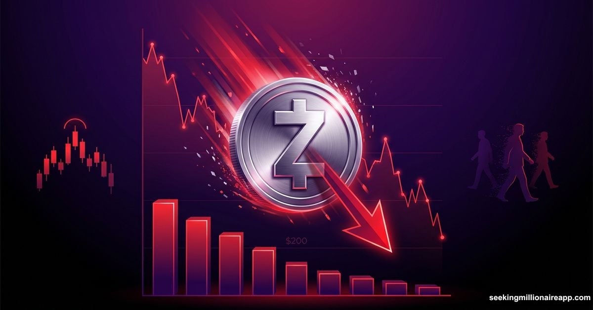 Zcash coin falling with red arrow toward $200 price target