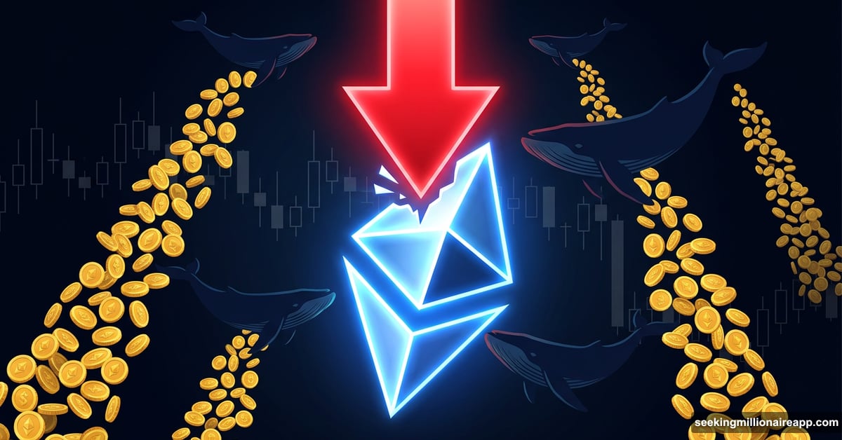Ethereum ETH symbol crushed by whale selling pressure and downward arrows