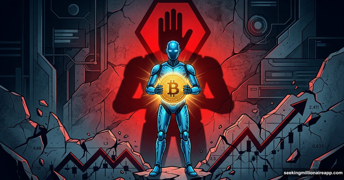 AI trading robot with red warning shadow over broken crypto chart