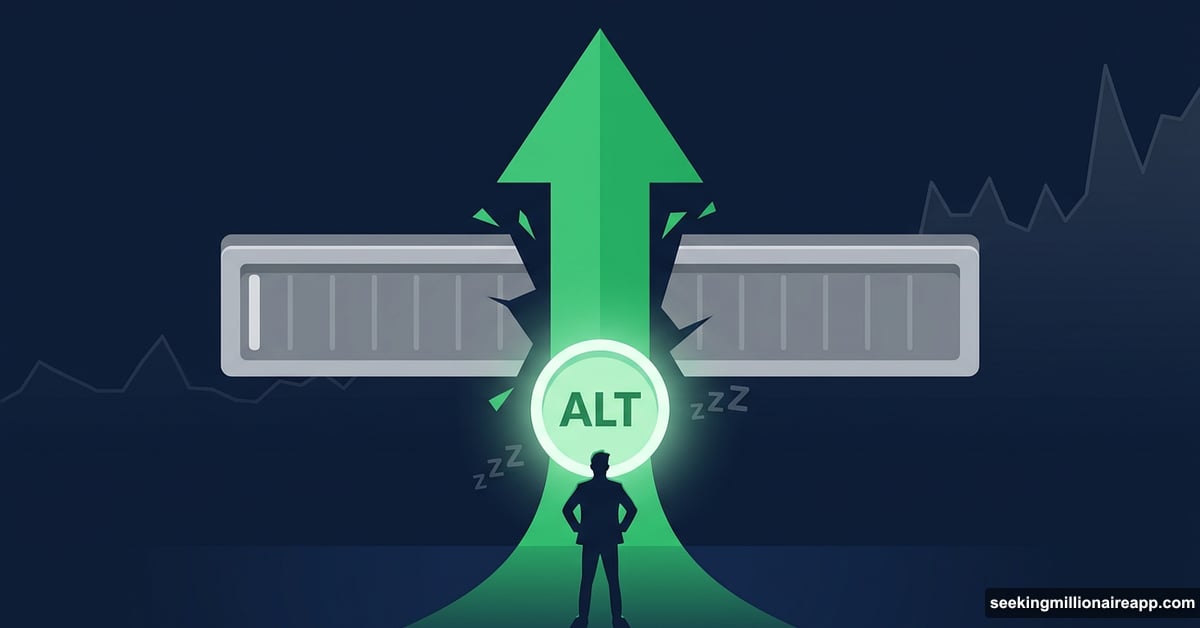 Altcoin symbol launching upward from historic low social interest levels