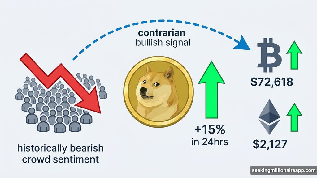 Dogecoin jumps 15% as crowd sentiment turns historically bearish on altcoins