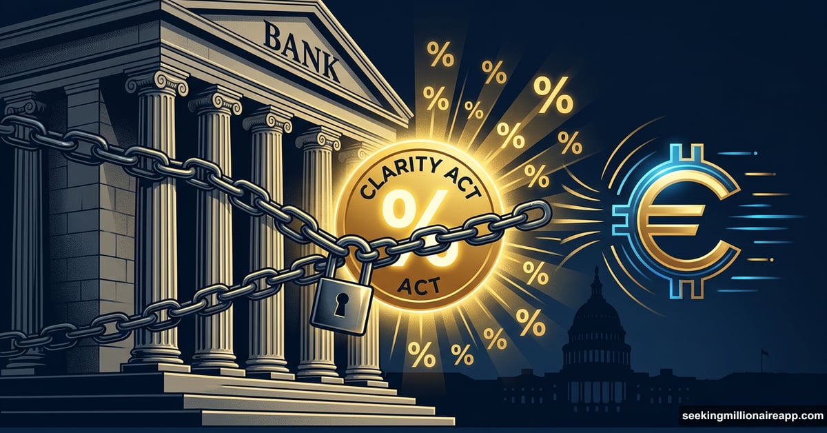 Bank chains blocking glowing stablecoin yield, CLARITY Act hostage