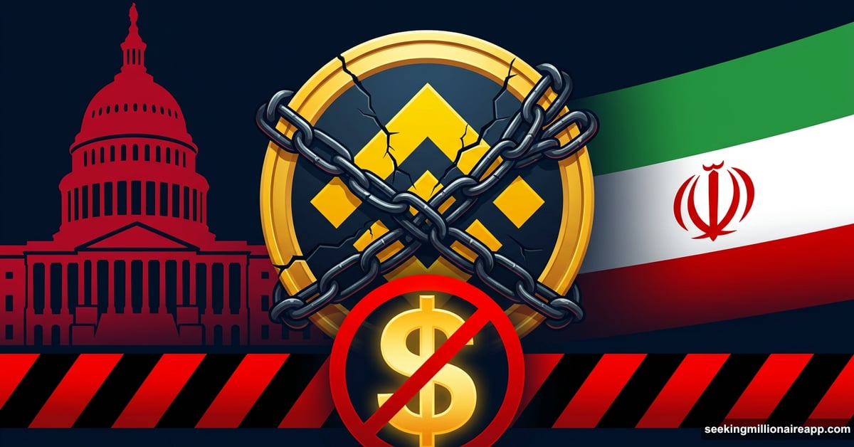 Binance logo under pressure between US Senate and Iran sanctions symbols