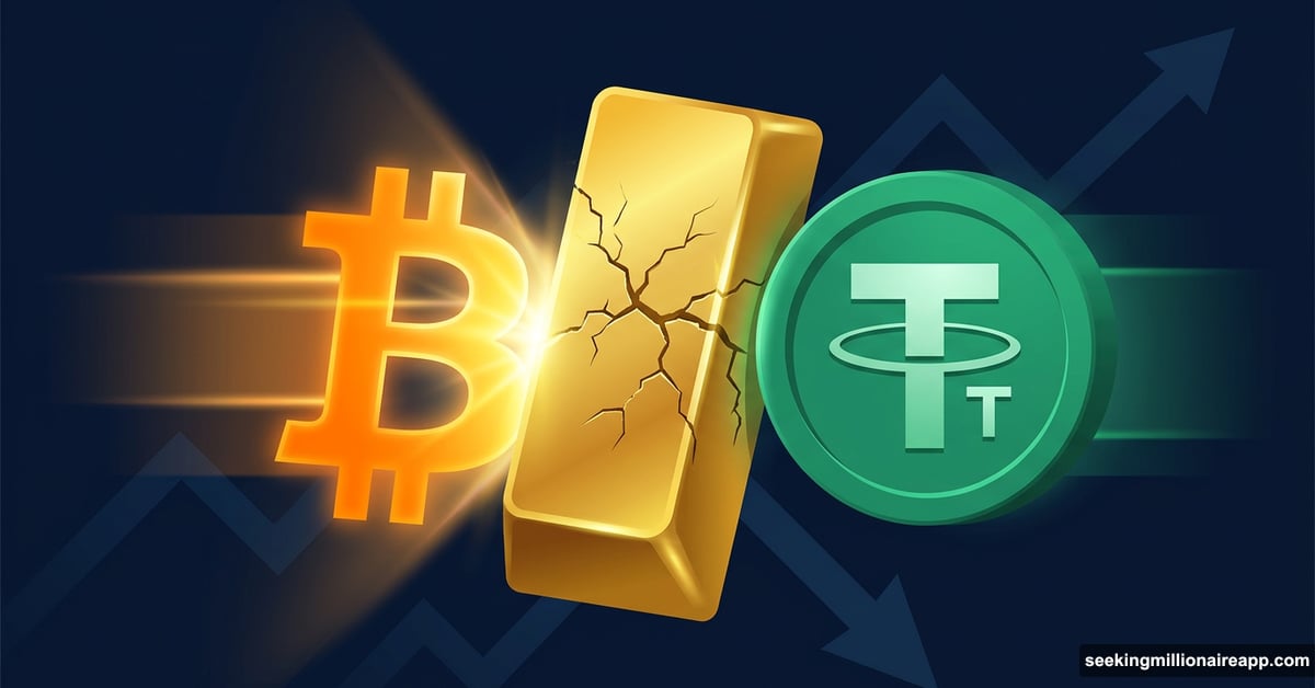 Bitcoin and USDT coins squeezing a cracking gold bar from both sides