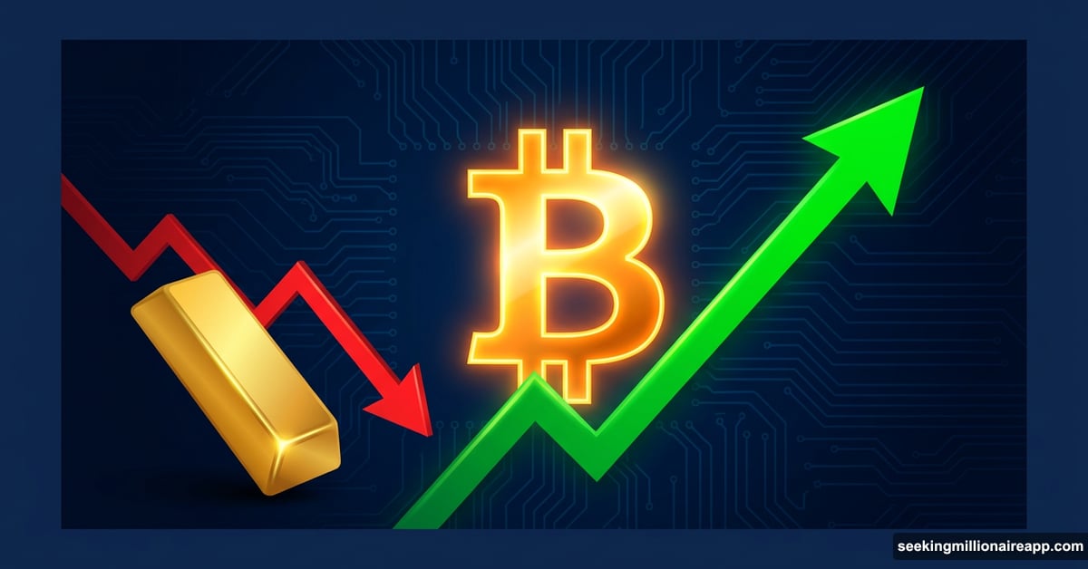 Bitcoin symbol rising above falling gold bar on financial chart