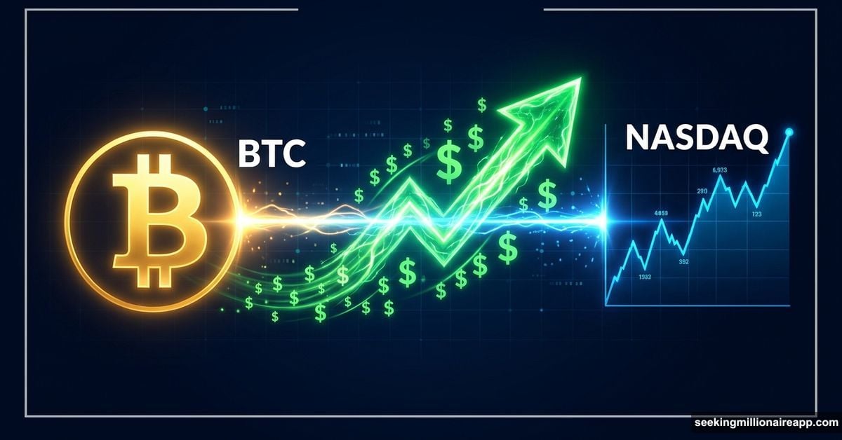 Bitcoin symbol connected to NASDAQ chart driving ETF inflows upward
