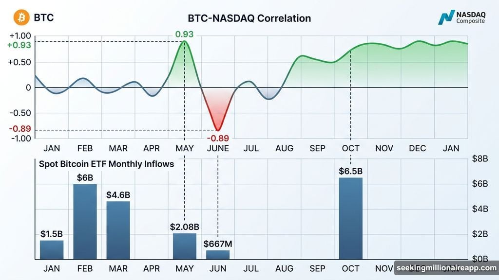 BTC-NASDAQ correlation chart aligned with spot Bitcoin ETF monthly inflows