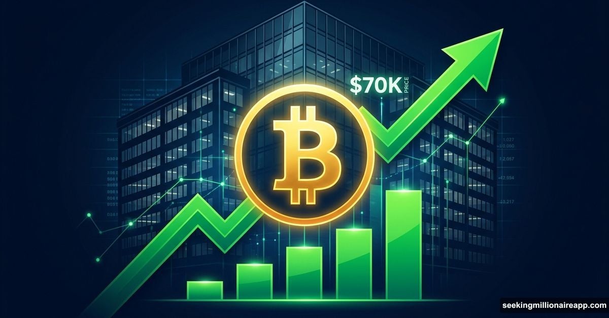 Bitcoin ETF gold symbol with upward green arrow showing four-week inflow streak