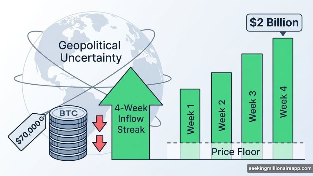 Bitcoin holds near $70,000 as four-week ETF inflow streak provides price floor