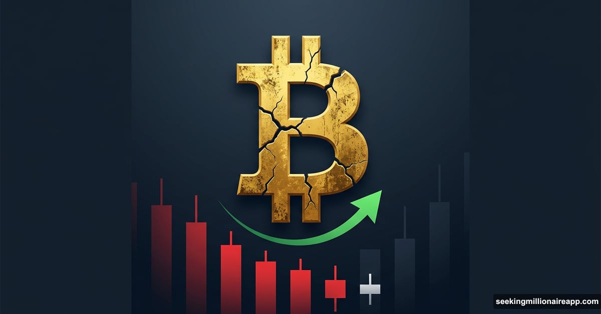 Battered Bitcoin symbol with green bounce arrow amid bearish market candles