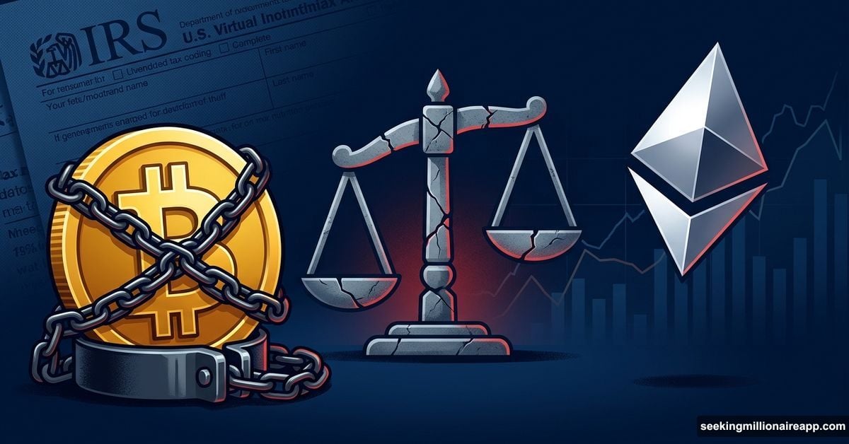 Bitcoin shackled in chains while Ethereum floats free on unbalanced scales