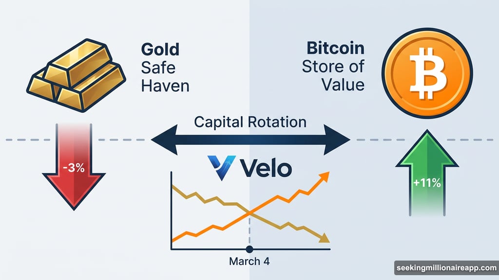 Gold drops 3% while Bitcoin surges as capital rotates to crypto