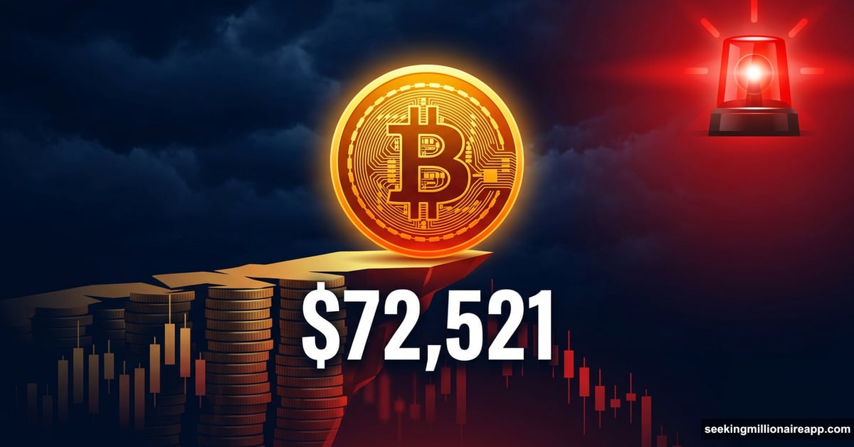 Bitcoin coin teetering on cliff edge with red warning signal