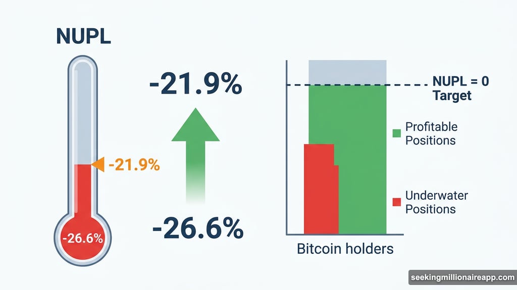Bitcoin NUPL improving from negative 26.6 to negative 21.9 percent