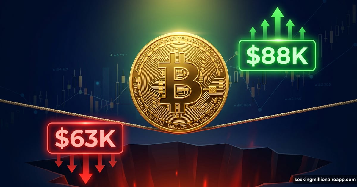 Bitcoin coin balanced between $63K danger zone and $88K target