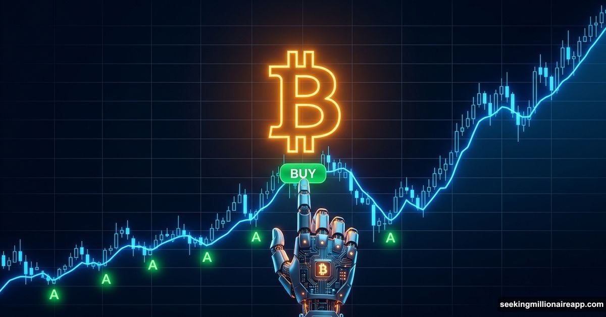 AI robot hand pressing buy on Bitcoin chart at perfect timing