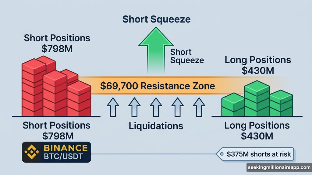 Binance BTC/USDT short squeeze with $375 million shorts clustered at $69,700