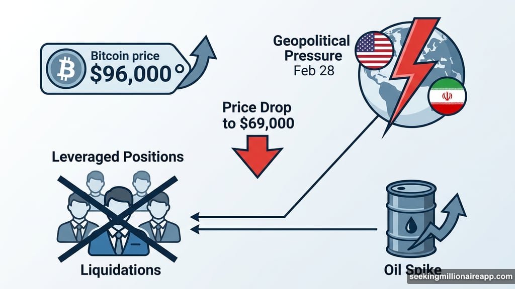 Geopolitical tensions and liquidations drove Bitcoin price drop to 69000