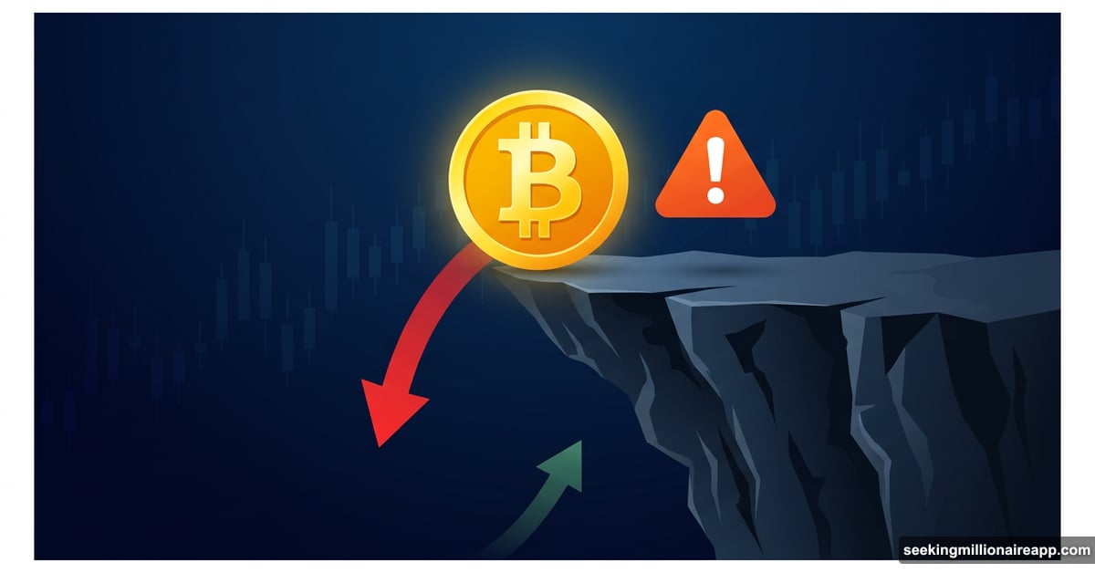 Bitcoin symbol teetering on cliff edge signaling uncertain market recovery