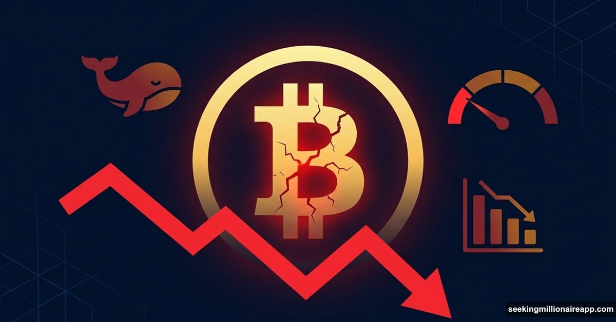 Cracking Bitcoin symbol with red downward trend graph signaling caution