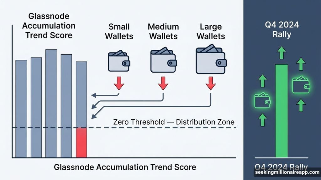 Glassnode Accumulation Trend Score slides near zero signaling broad distribution
