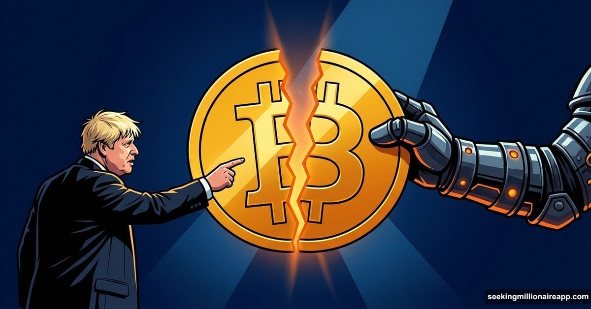 Bitcoin symbol cracking while politician points and defender pushes back