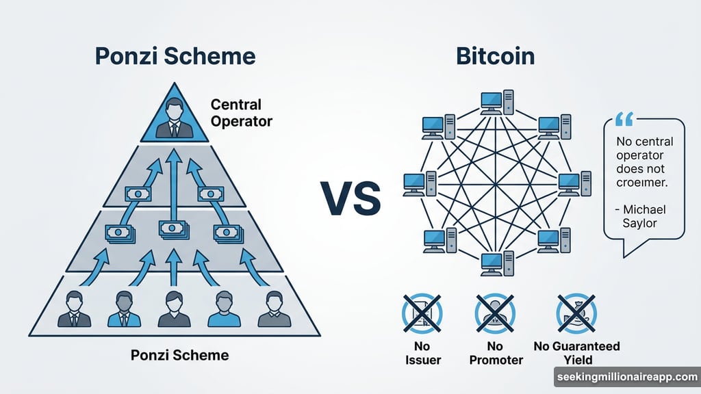 Bitcoin decentralized network compared to classic Ponzi scheme structure