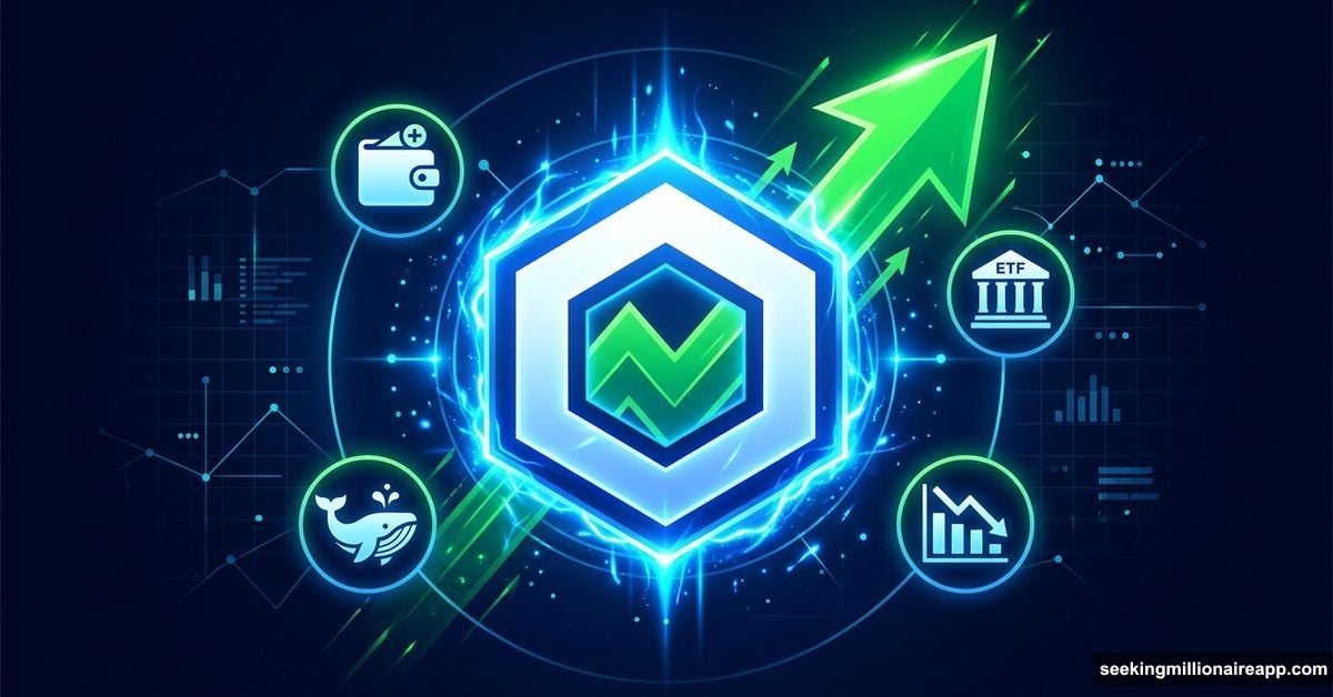 Chainlink LINK logo surrounded by four bullish recovery signals April