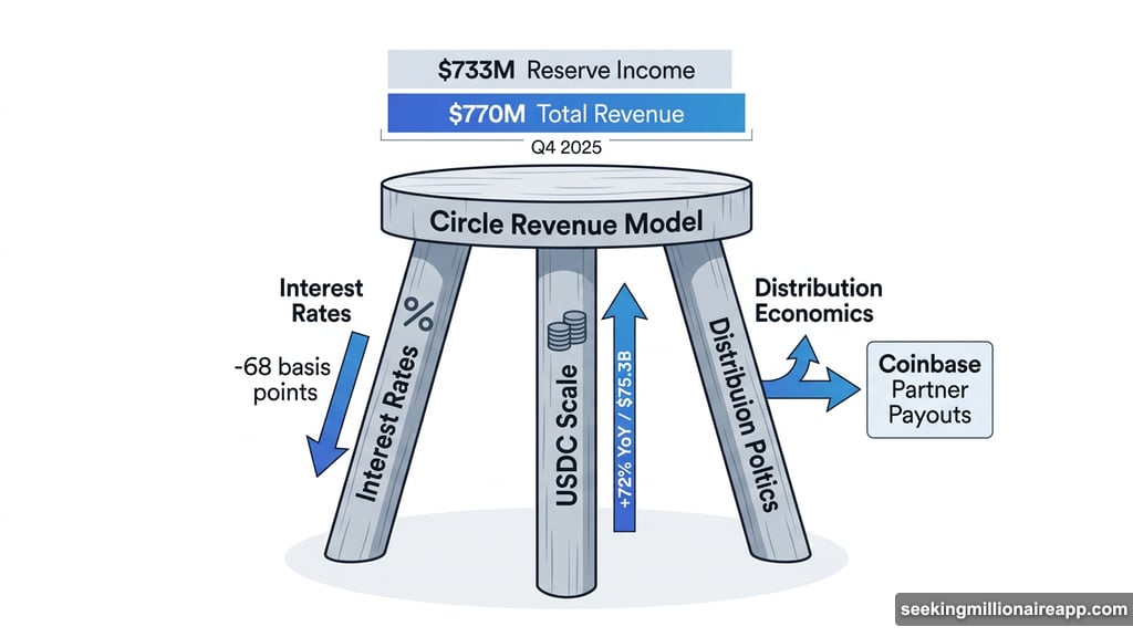 Three-legged stool illustrating Circle revenue model interest rates USDC scale distribution