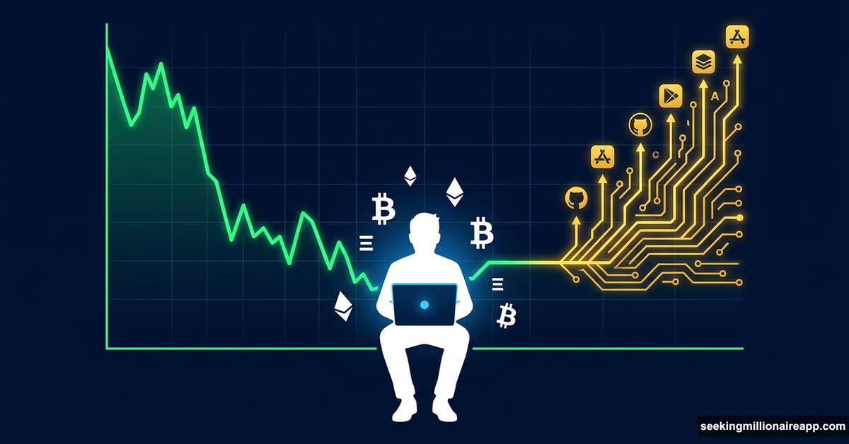 Crypto developer activity graph plunging while AI tools illuminate hidden progress