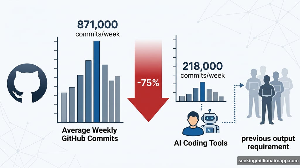 Weekly crypto commits collapsed 75% while AI tools boost single developer productivity