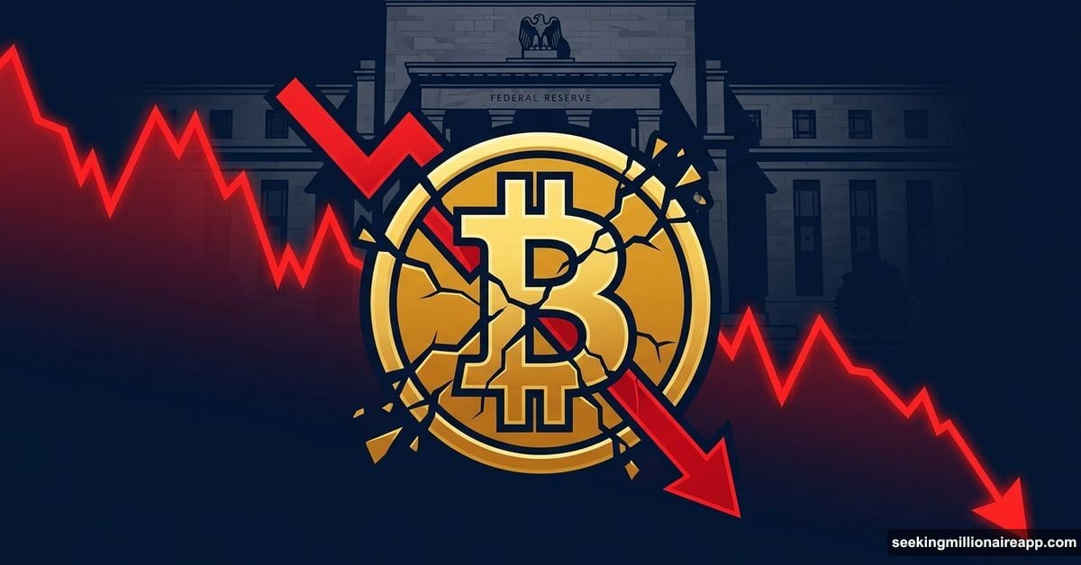 Bitcoin symbol cracking under Federal Reserve pressure with plunging red graph
