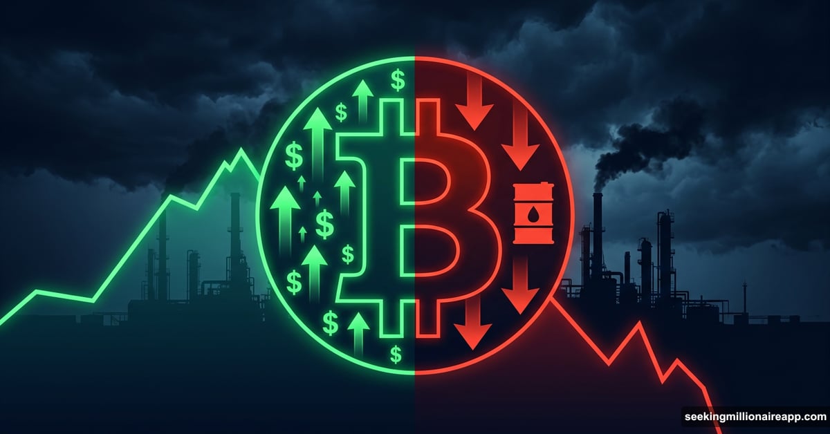 Bitcoin symbol split between green inflows and red outflows amid Iran crisis
