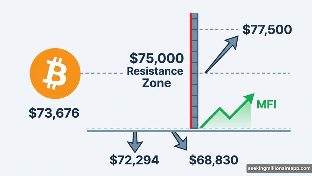 Bitcoin closes in on the $75,000 resistance zone with MFI rising